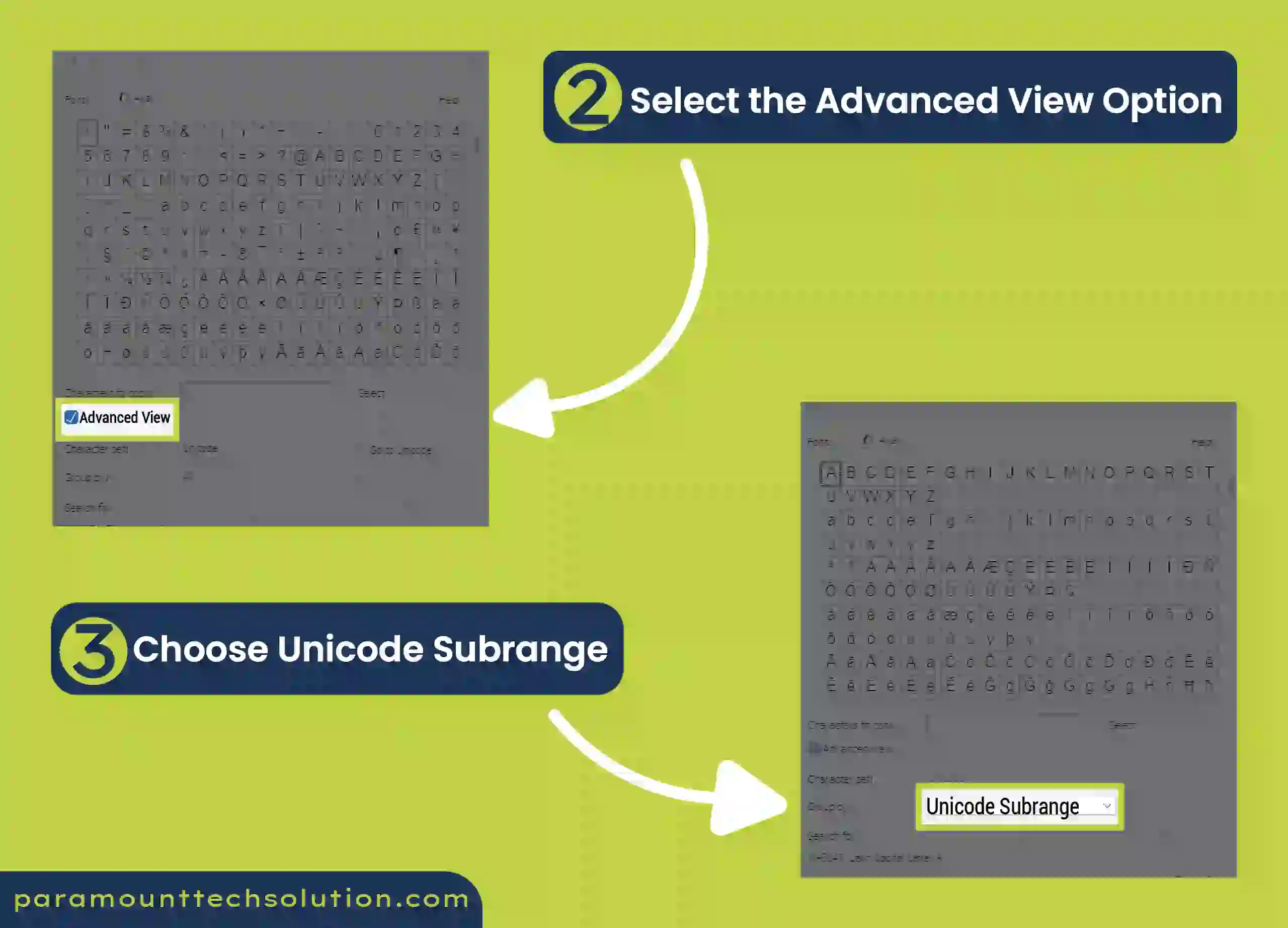 to insert the advance view option choose unicode subrange