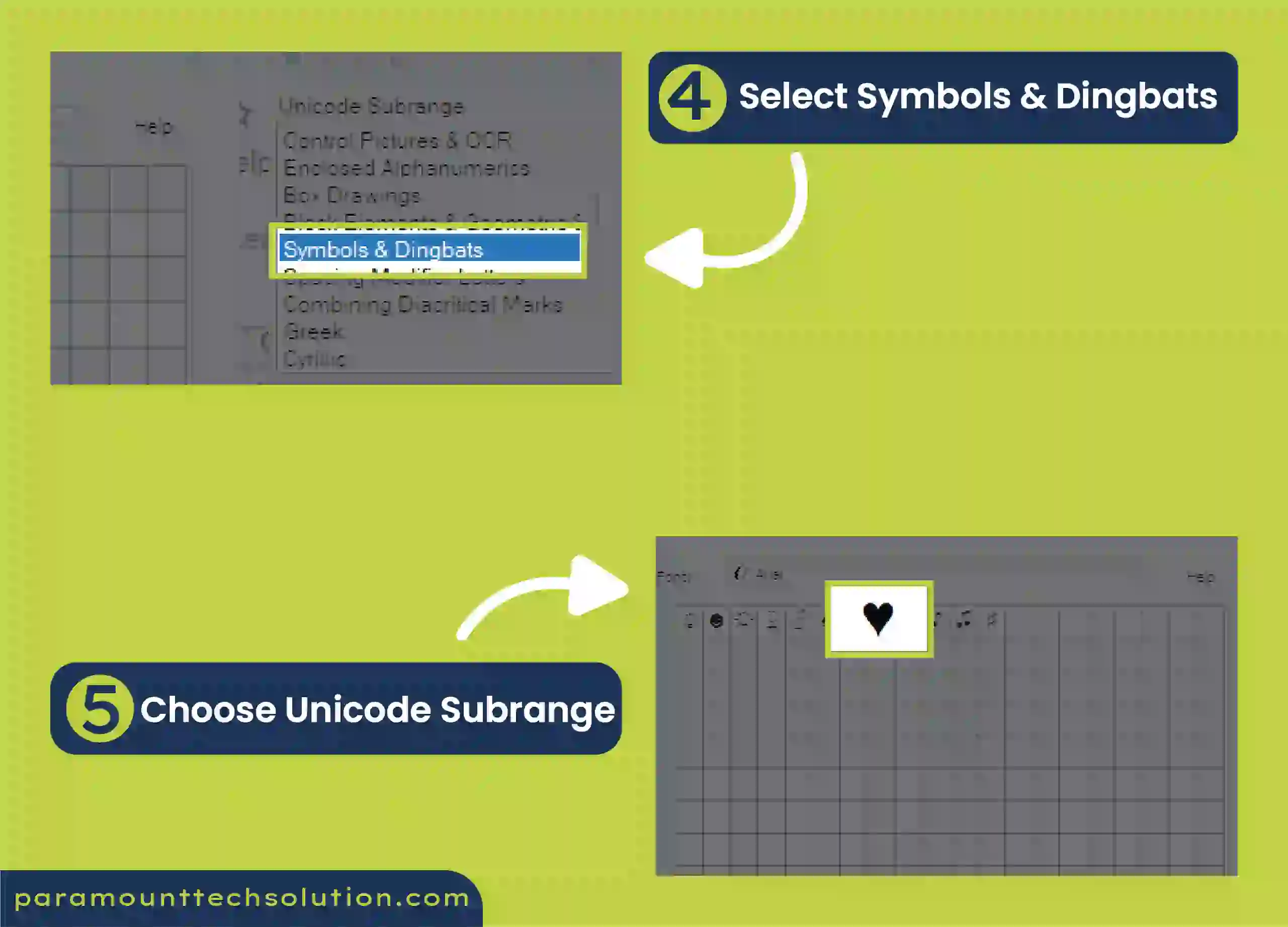 select symbols and dingbats to insert heart emoji