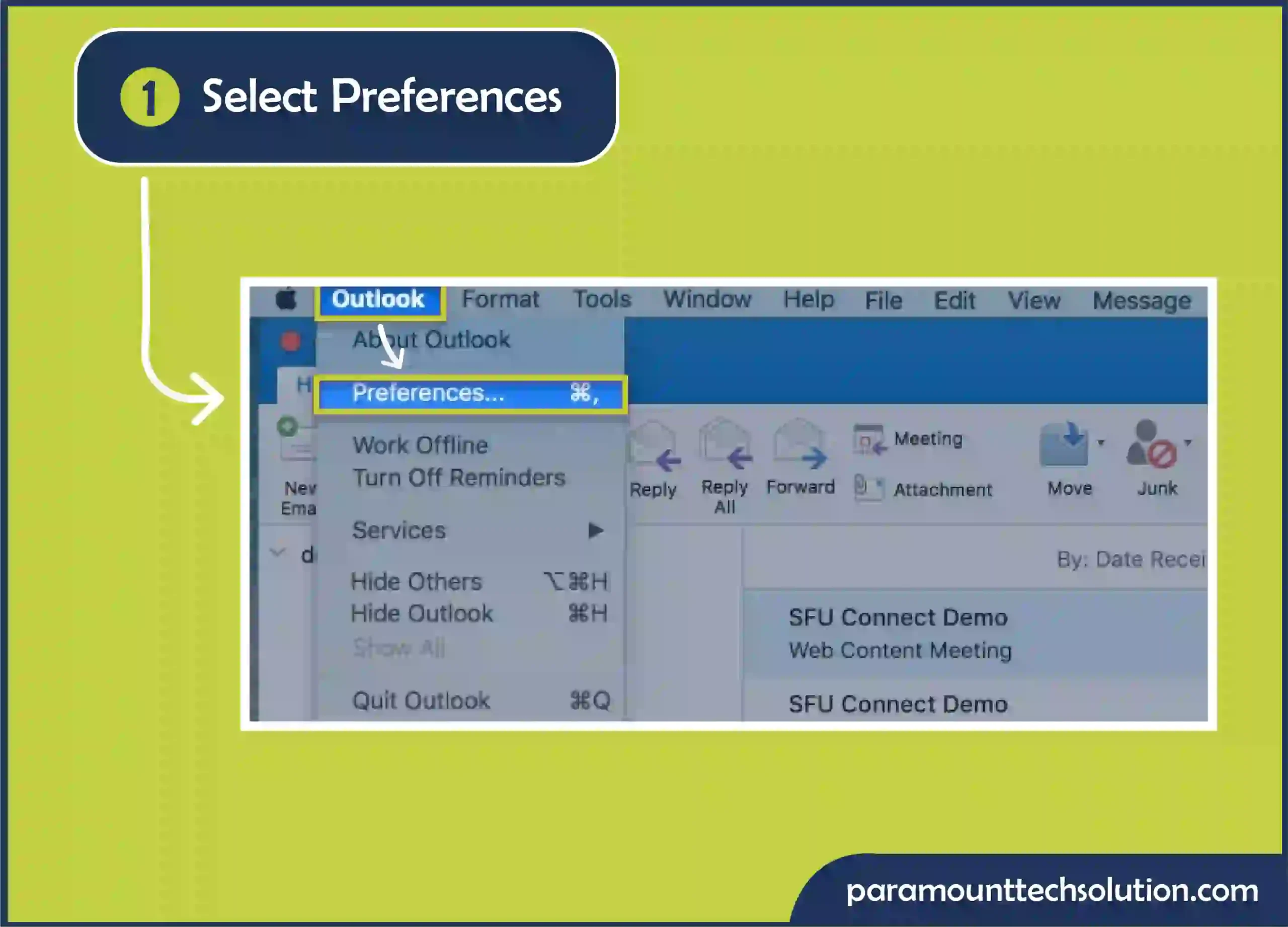 Can't find my email on Mac? Step 1: To access e mail, select Preferences in the Outlook Menu