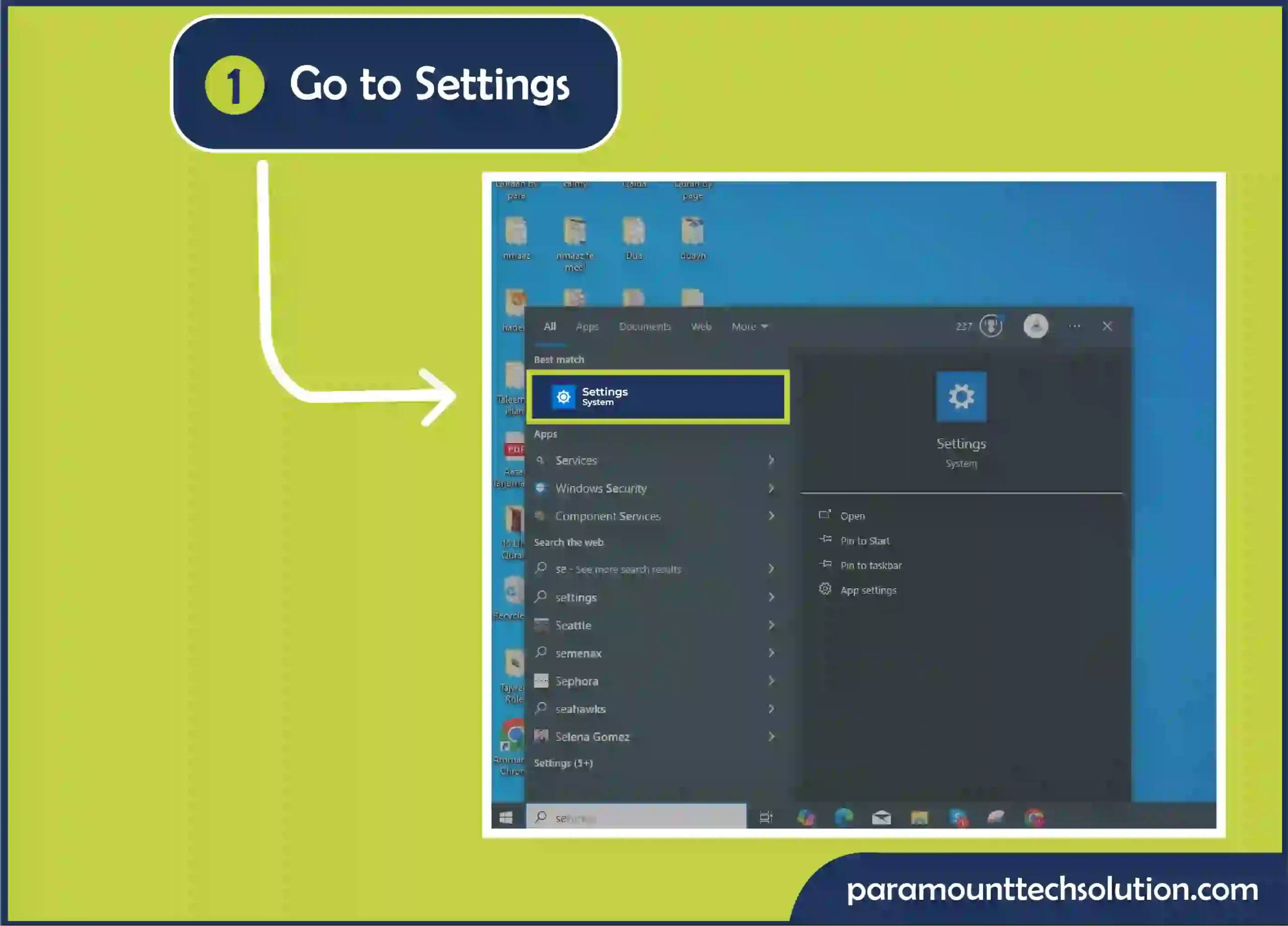 Step 1: Select Settings by tapping on the Windows icon