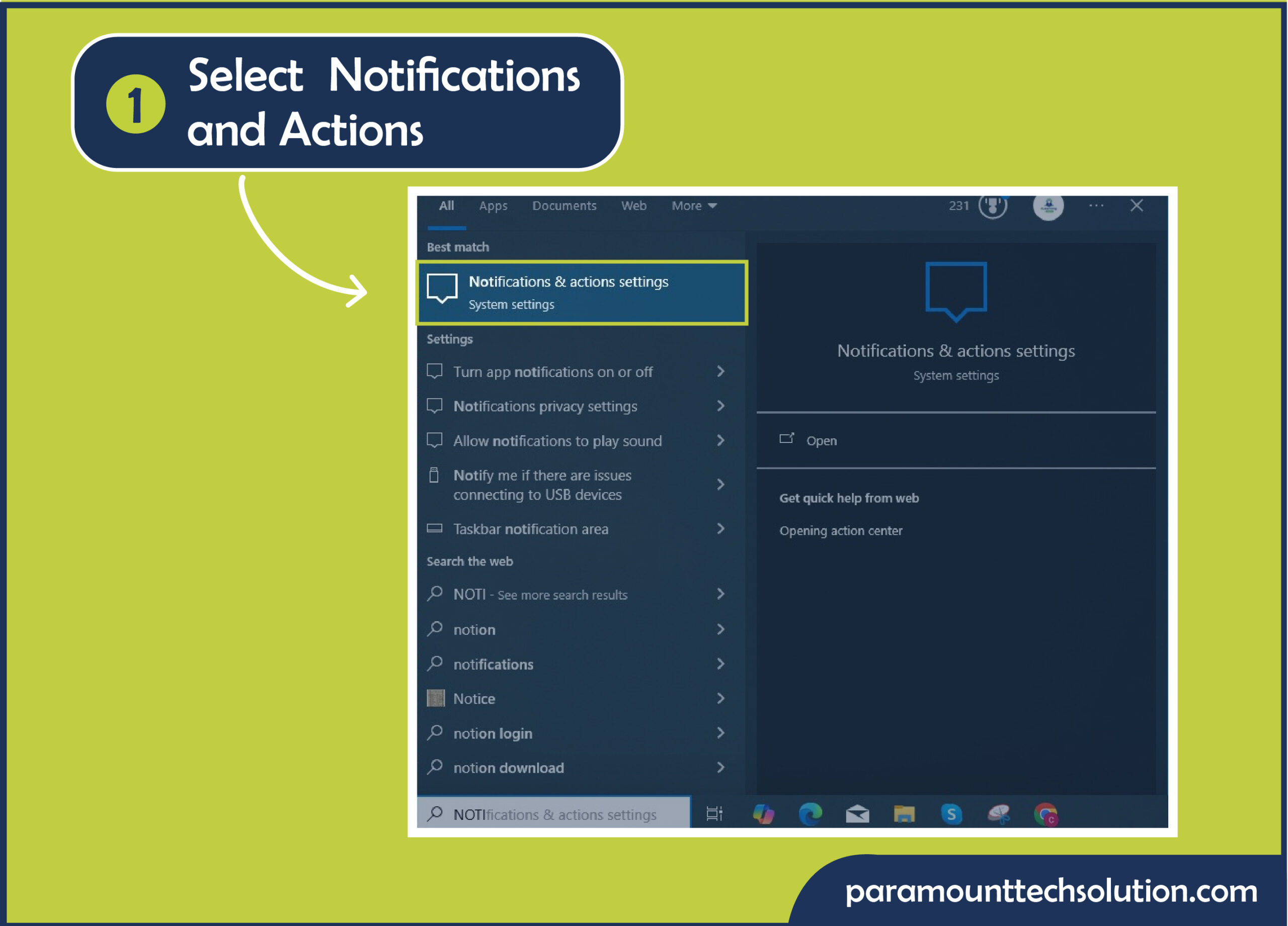 Step 1: Click on Start Button and Look for Notifications and Actions