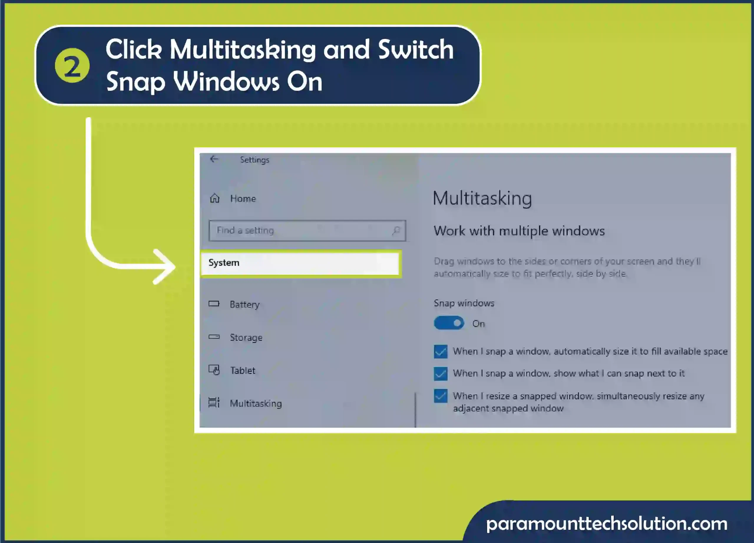 Step 2: Click Multitasking and switch Snap Windows on click on system