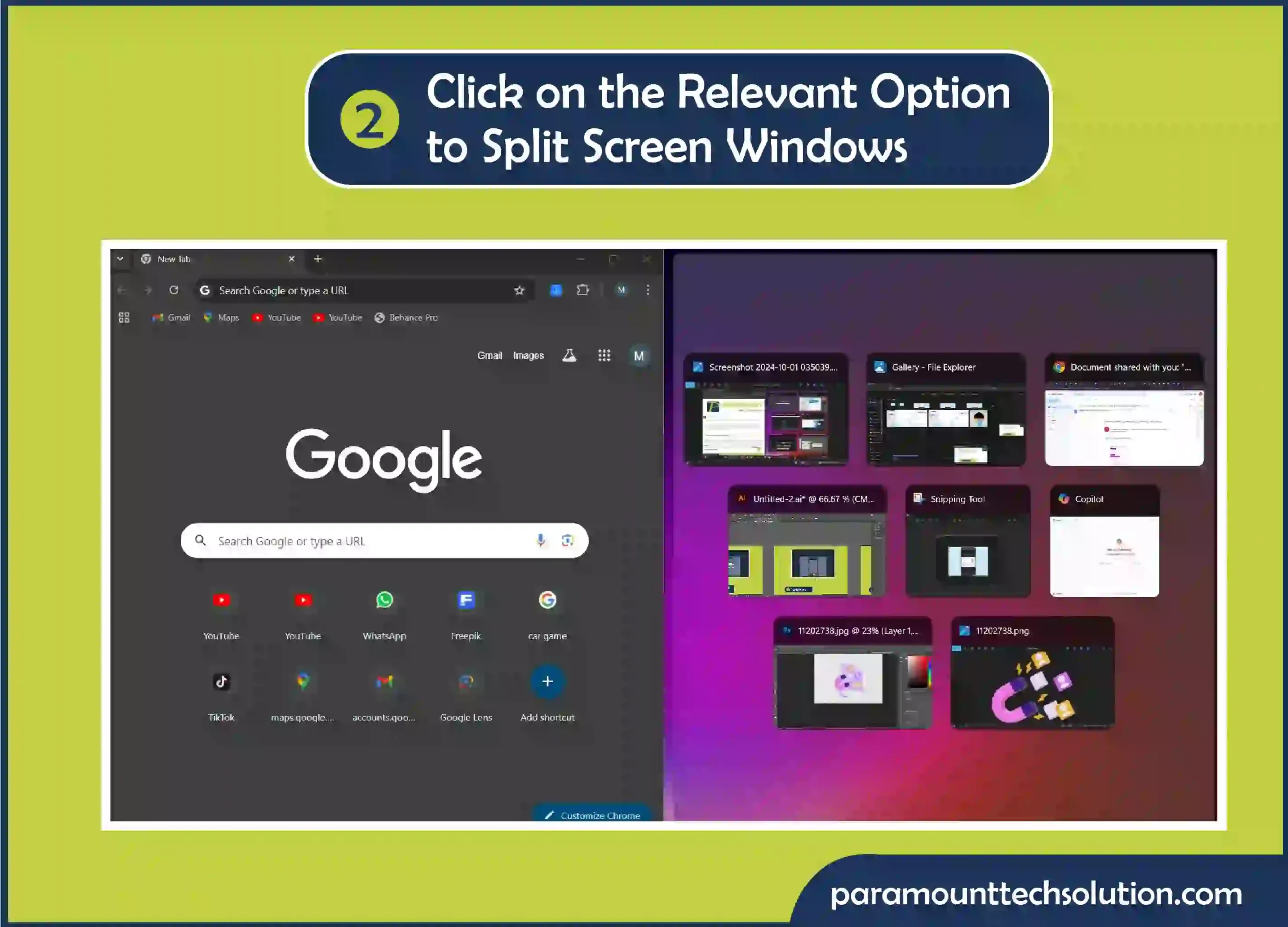 Click on the relevant option to split screen windows.