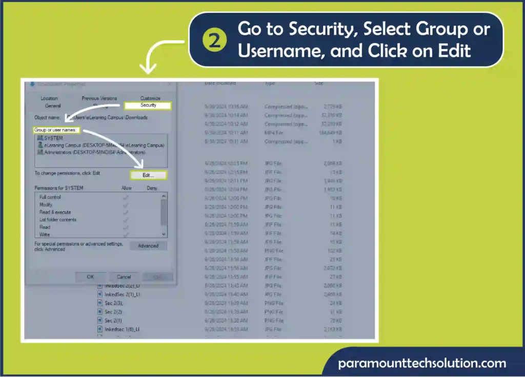 Step 2: Go to the Security tab, select the Group or Username