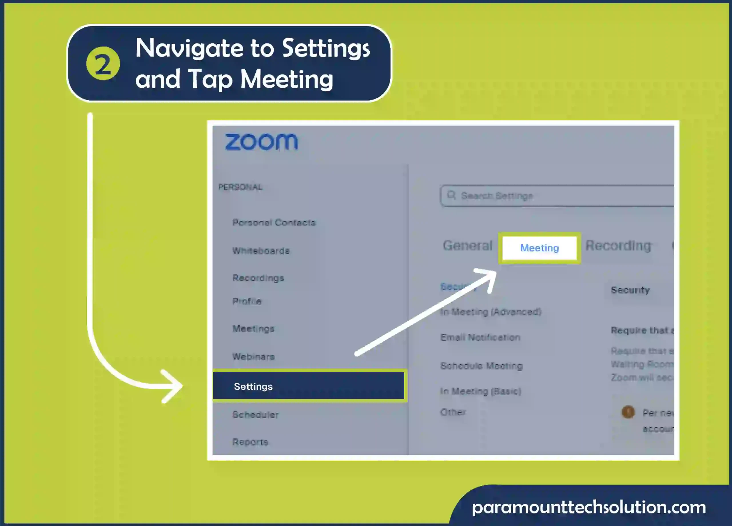 To enable screen share Zoom feature using Navigate to the screen Settings and click on Meeting.