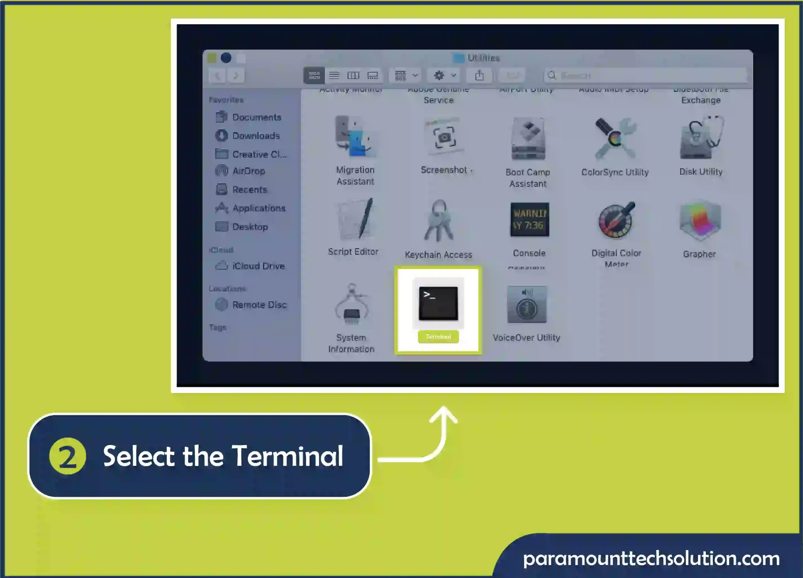 To clear incognito history in Mac Step 2 is Select the Terminal.