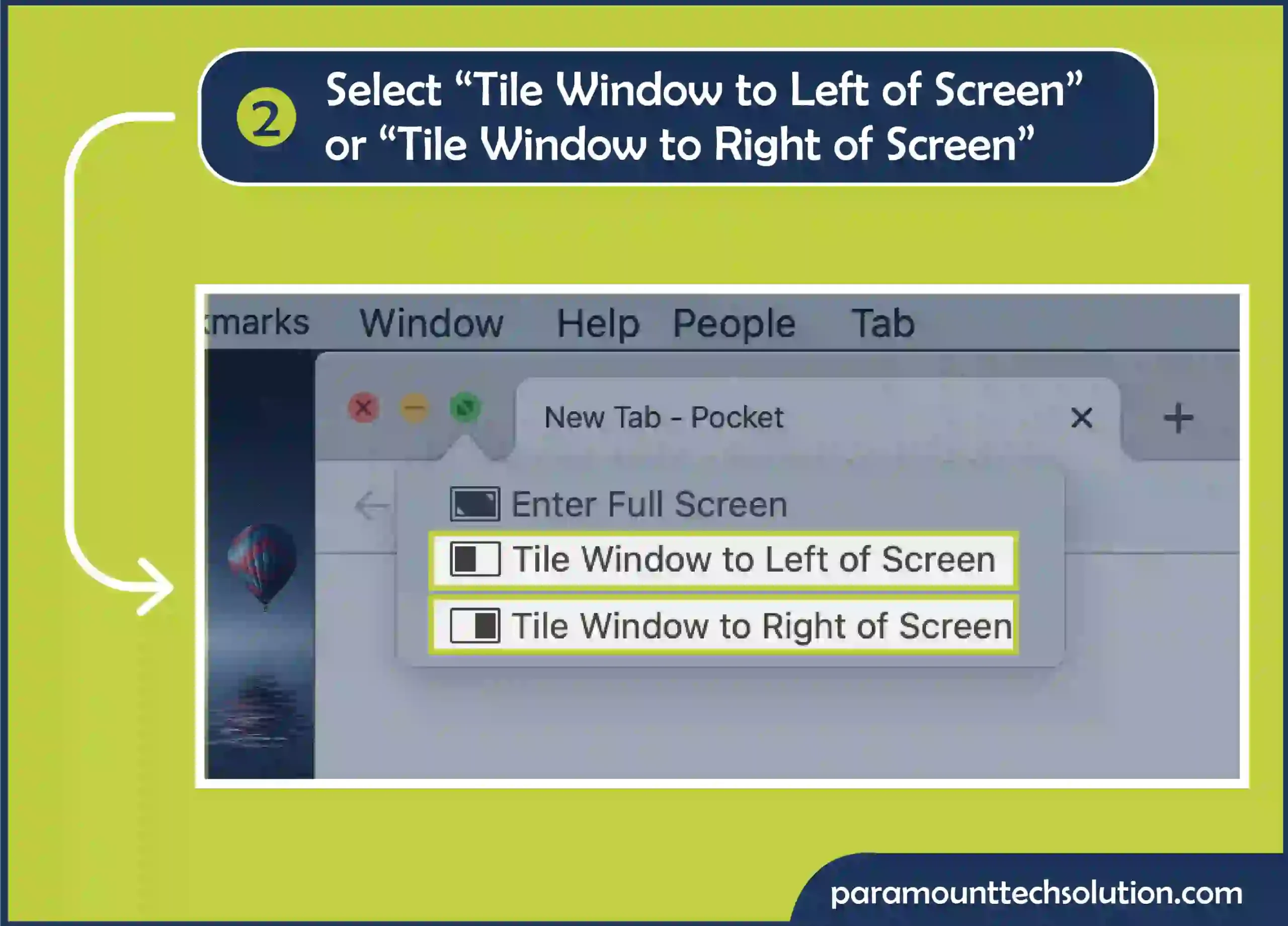 Select “Tile Window to Left of Screen” or “Tile Window to Right of Screen” for “mac split display.”