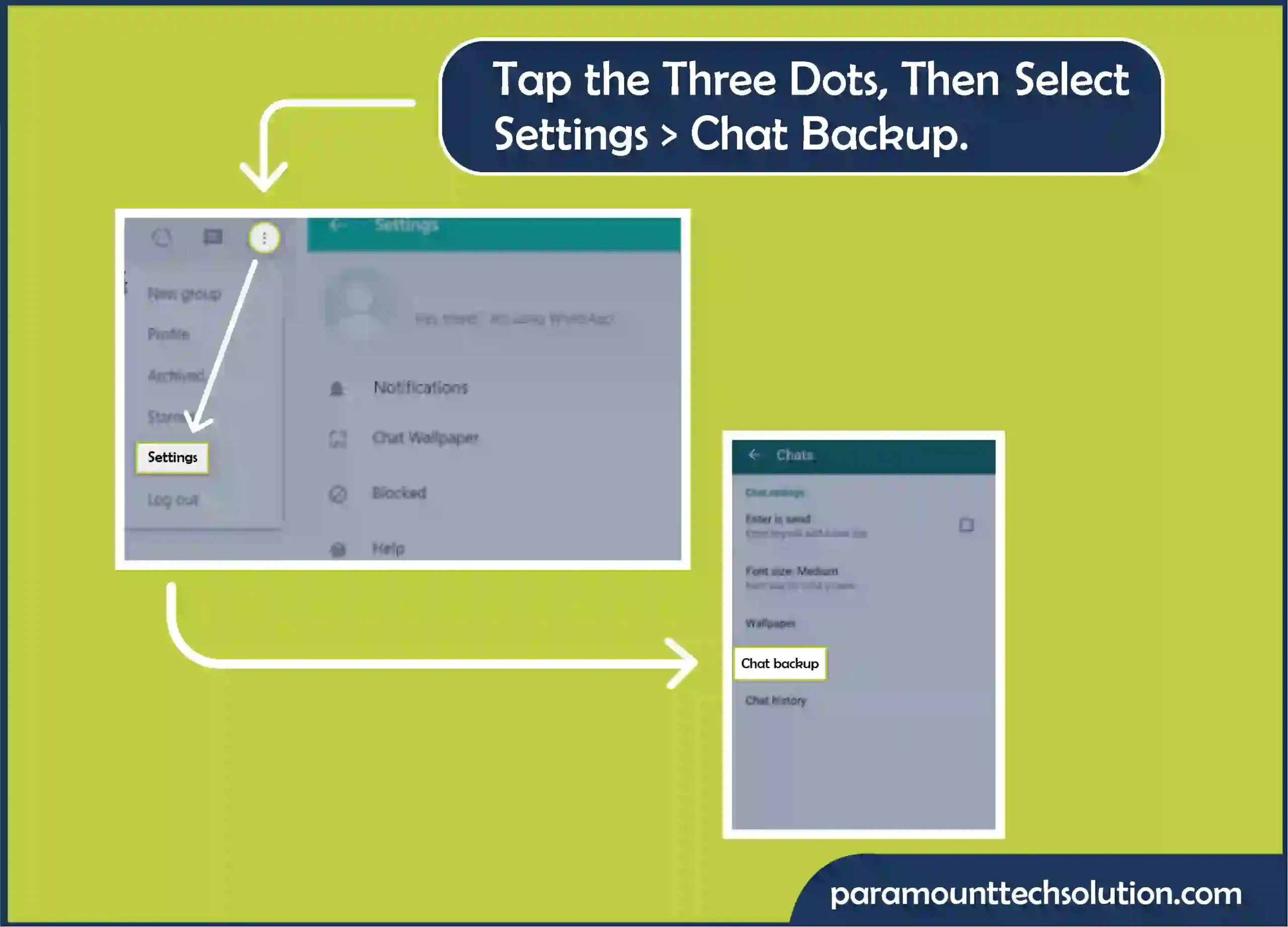 Tap the three dots, then select Settings>Chat Backup What to do If there is no option to backup WhatsApp chats on Chromebook?