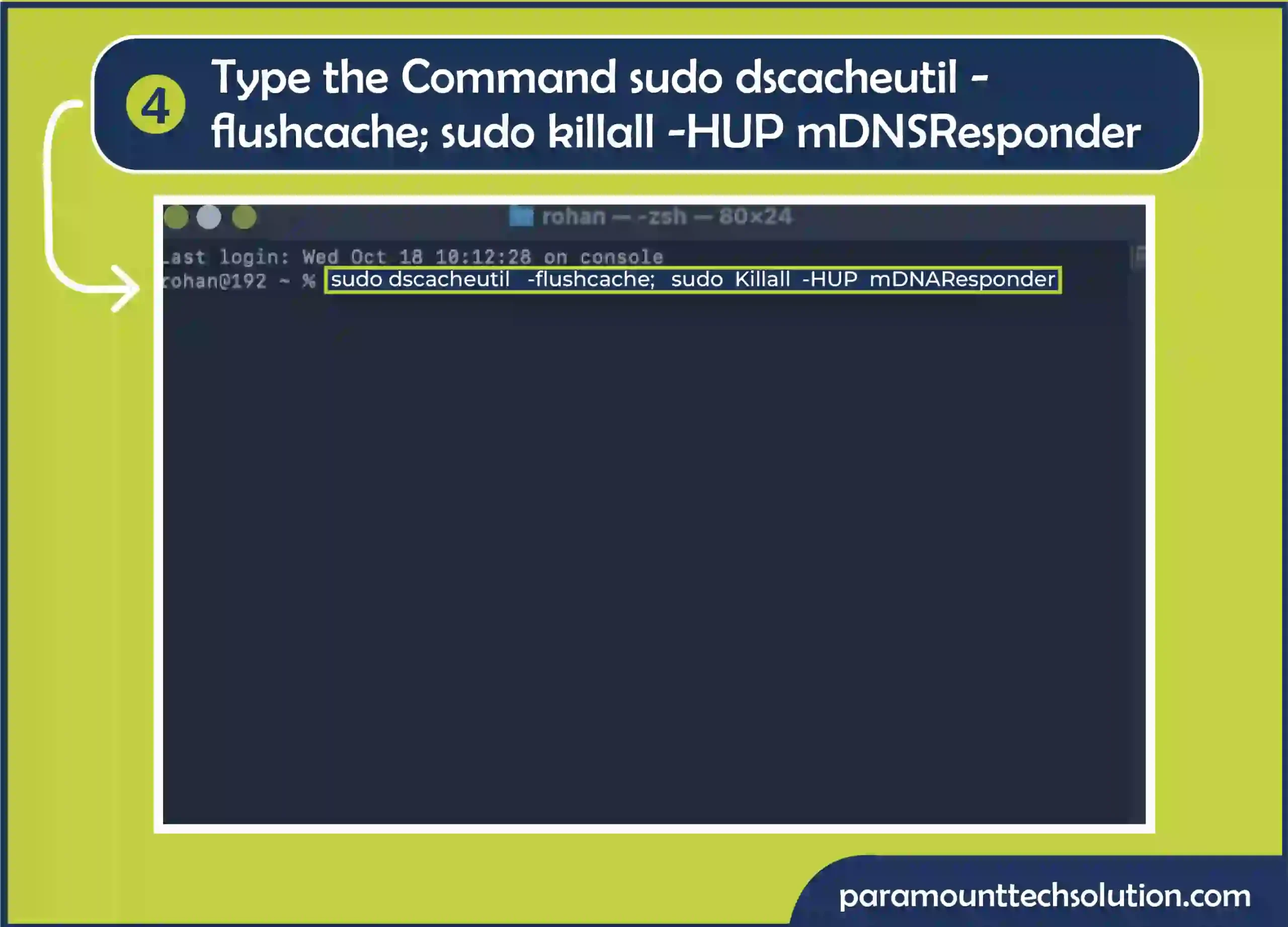 Step 3: Type dscacheutil -flushcache; sudo killall -HUP mDNSResponder.