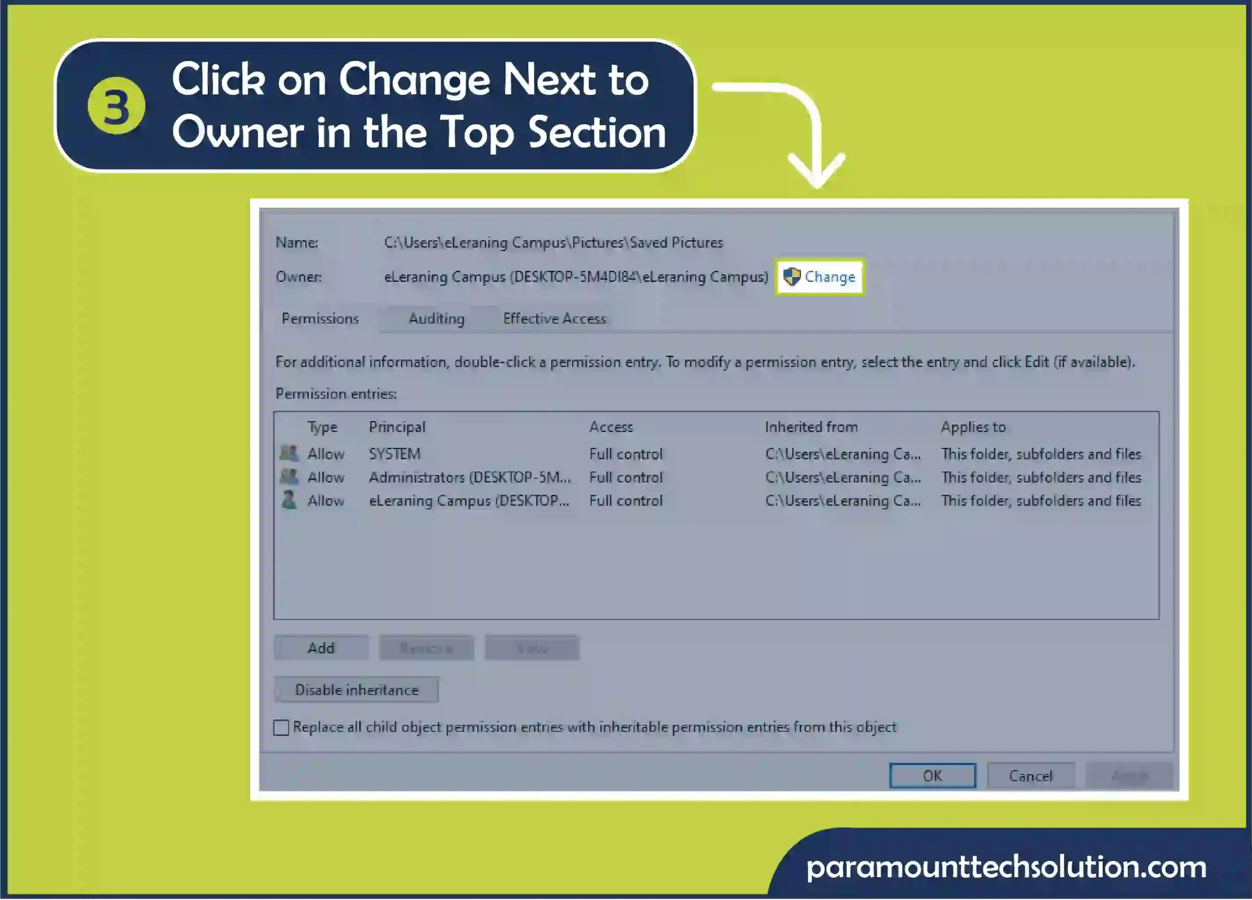 Step 3: Open the Permission Tab and Click on Change next to Owner in the top section.