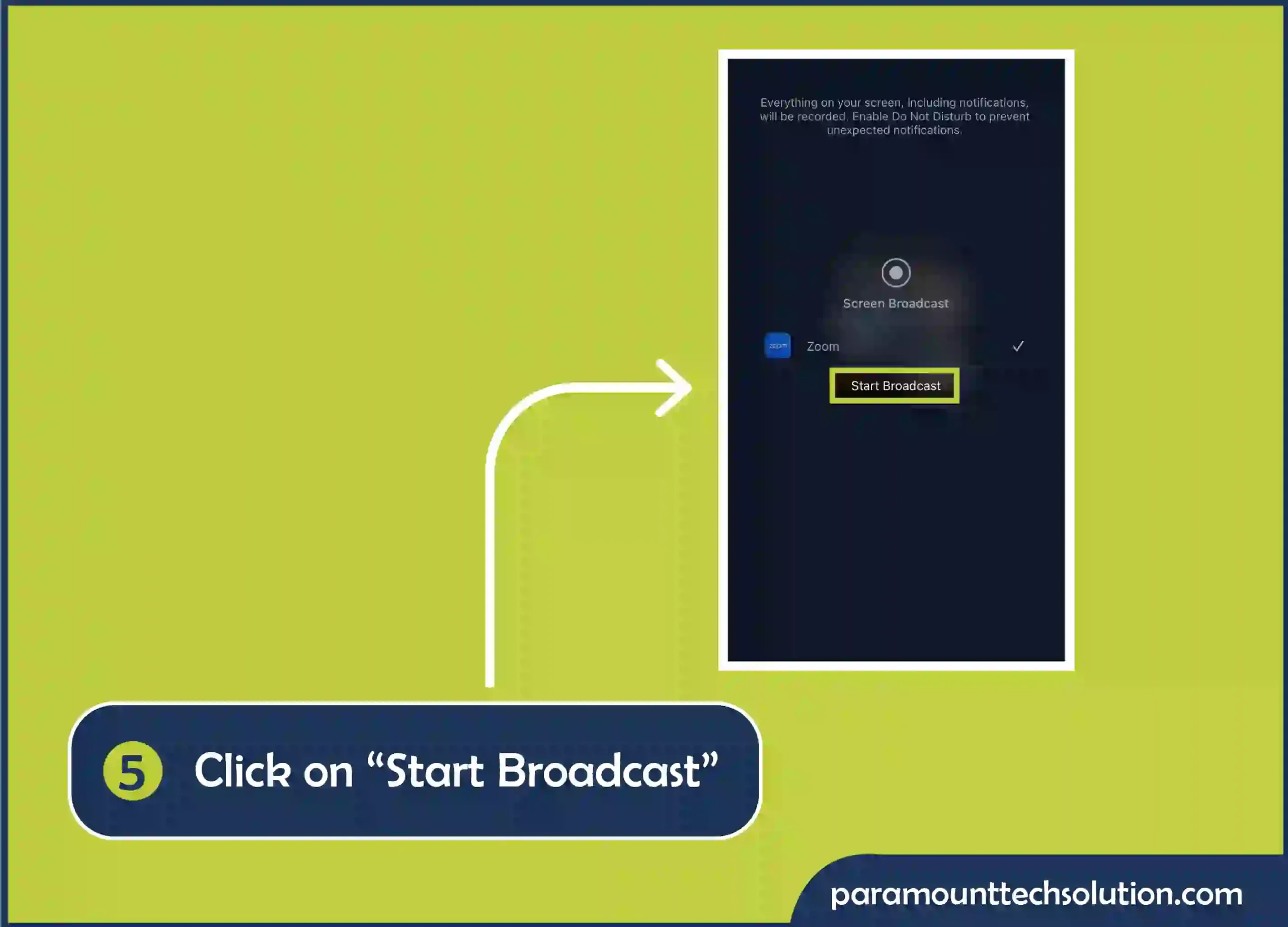 Click on “Start Broadcast” for sharing your screen on iPhone device.