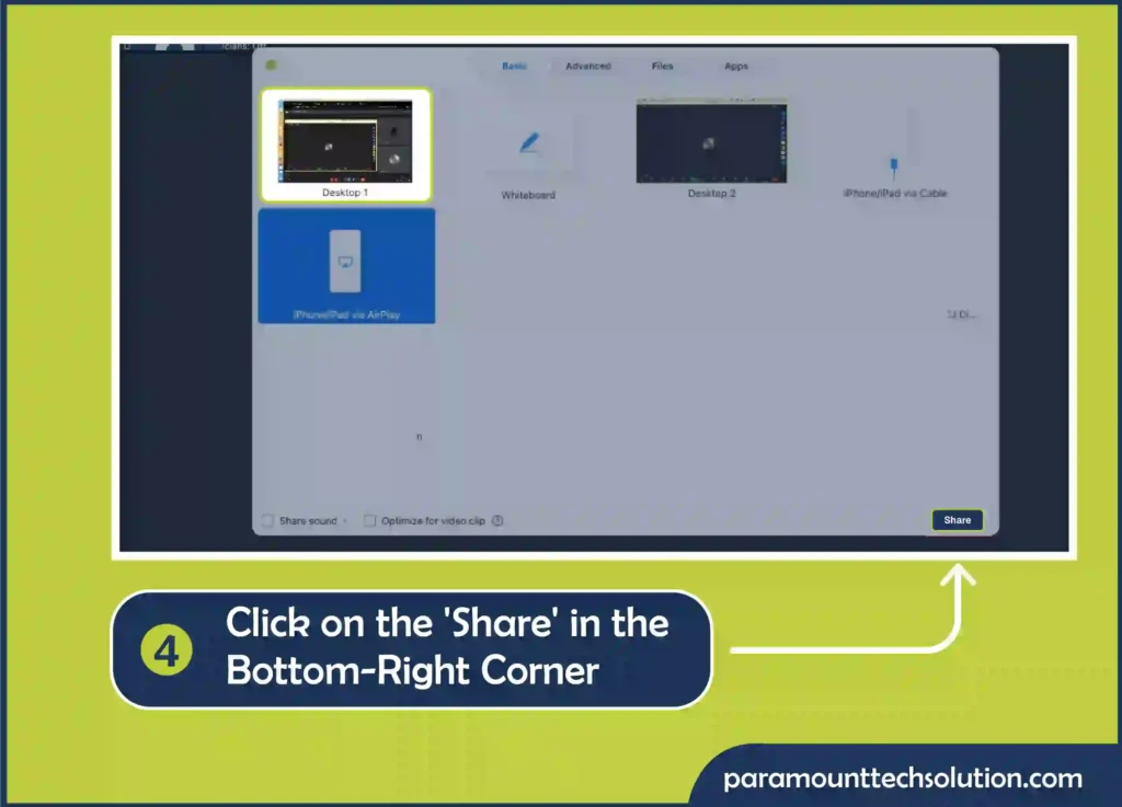 Step 4 is click on the 'Share' option in the bottom-right corner Now you’ve learned how to share the screen on mac or Windows.