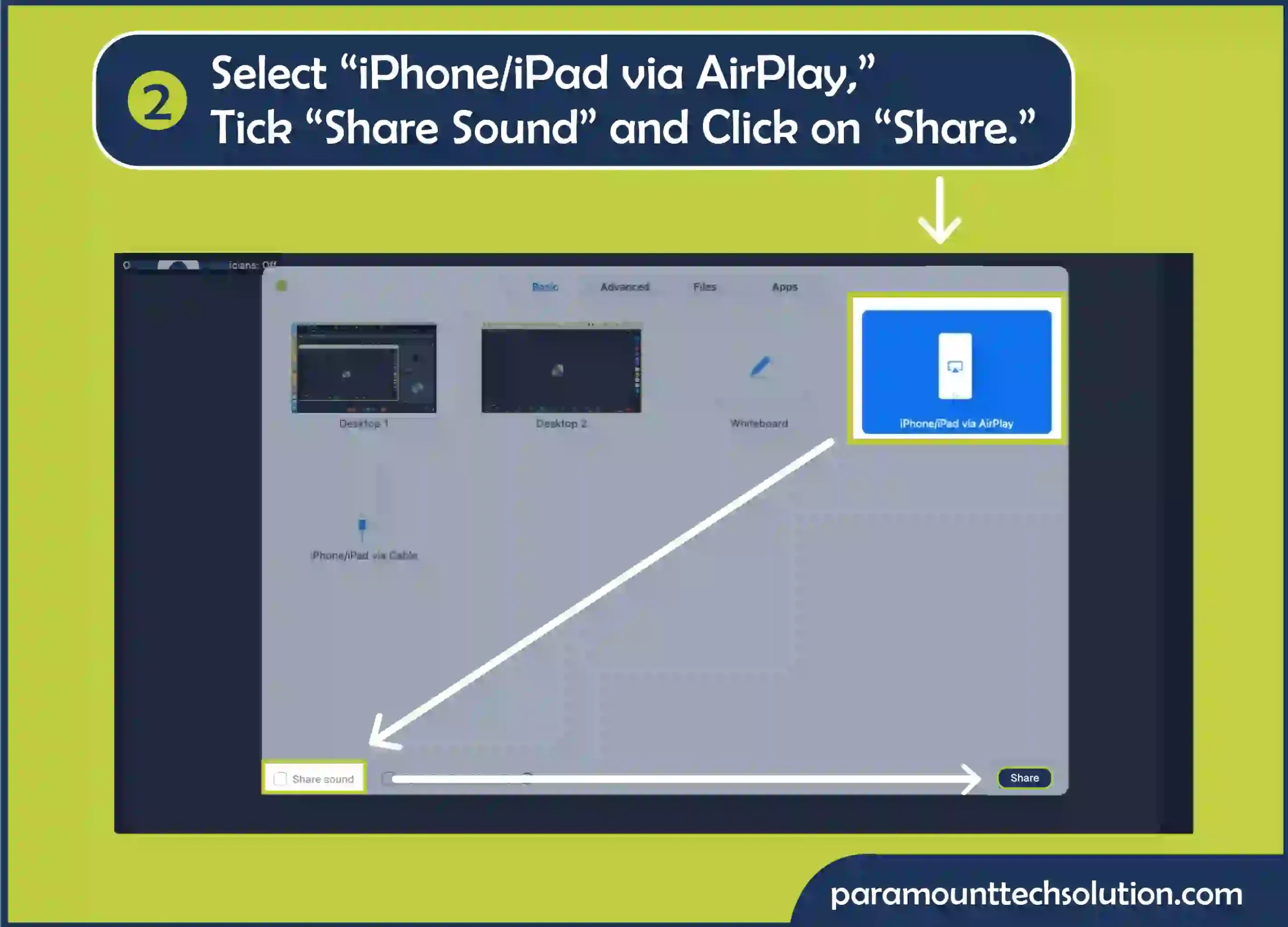 Select iPhone/iPad via AirPlay select the checkbox next to Zoom Share Sound and Click on Share.