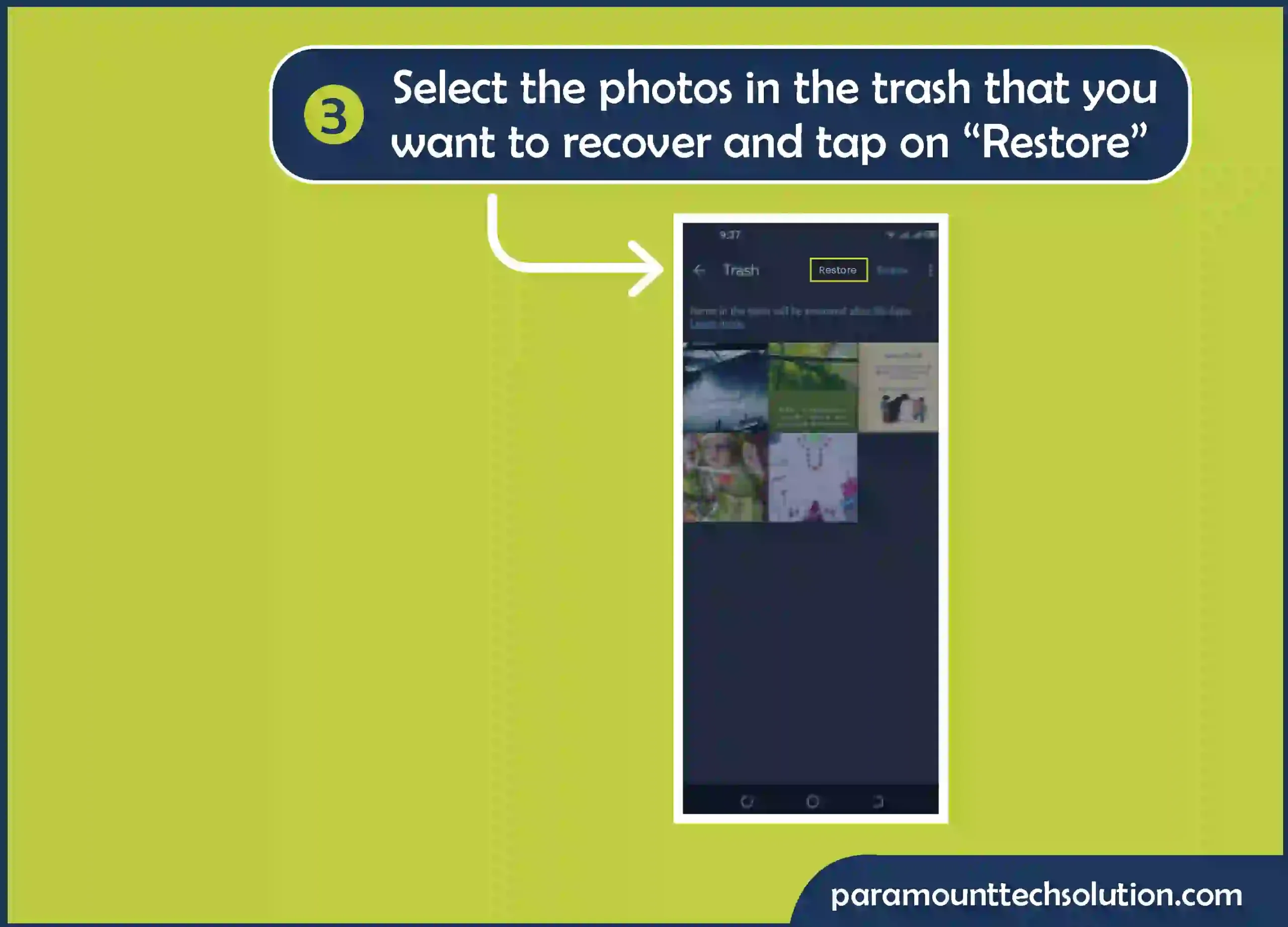 Step 3: Select the photos in the trash that you want to recover and tap on “Restore”