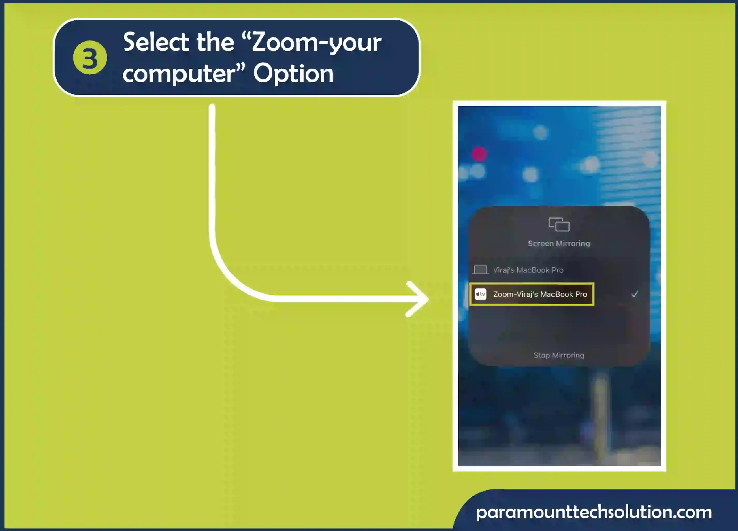 Select iPhone/iPad via AirPlay select the checkbox next to Zoom Share Sound and Click on Share. “Screen Mirroring” Select the “Zoom-your computer” option.