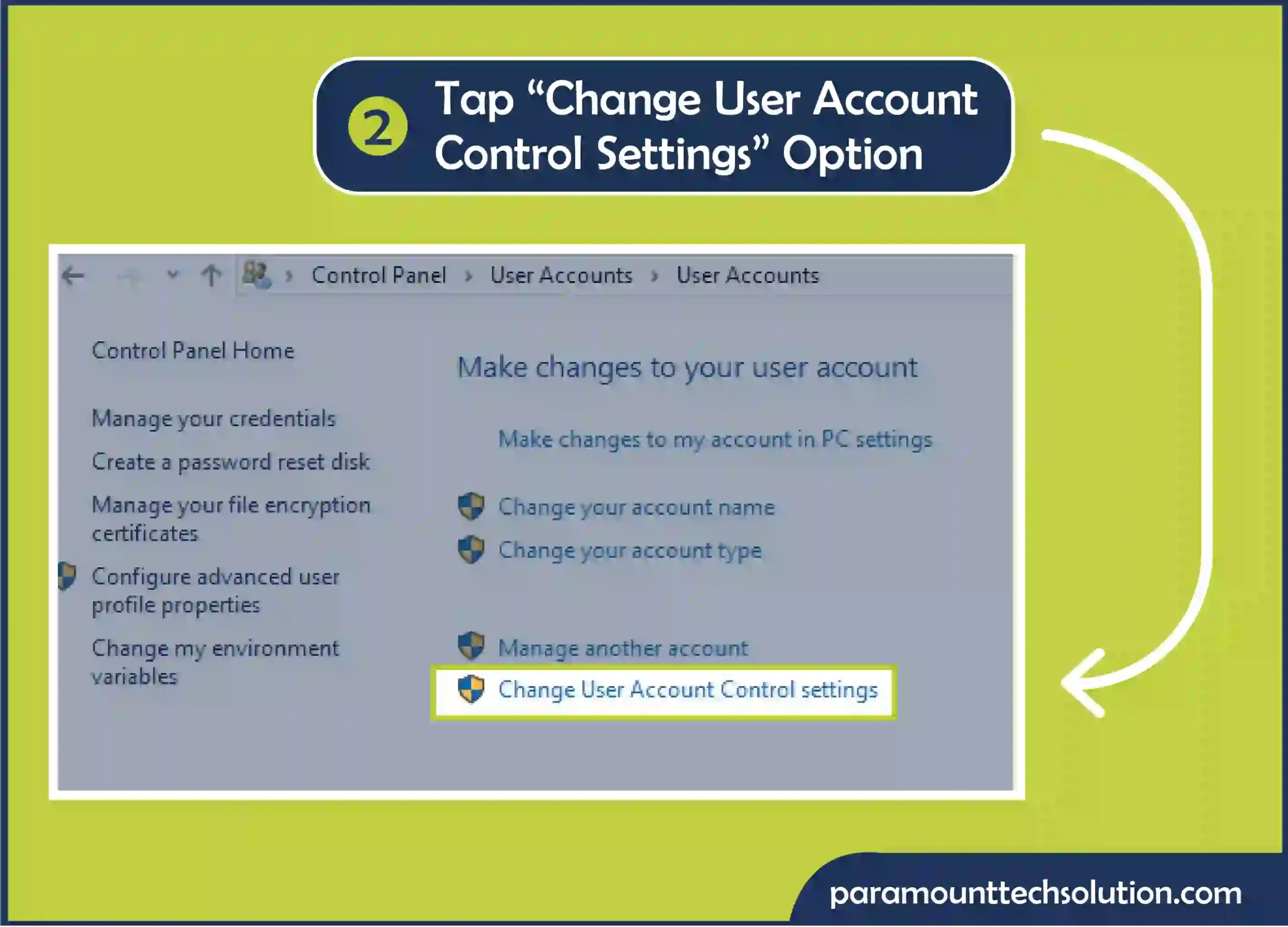 To troubleshoot windows update errors next Step 2 is tap “Change User Account Control settings” option.