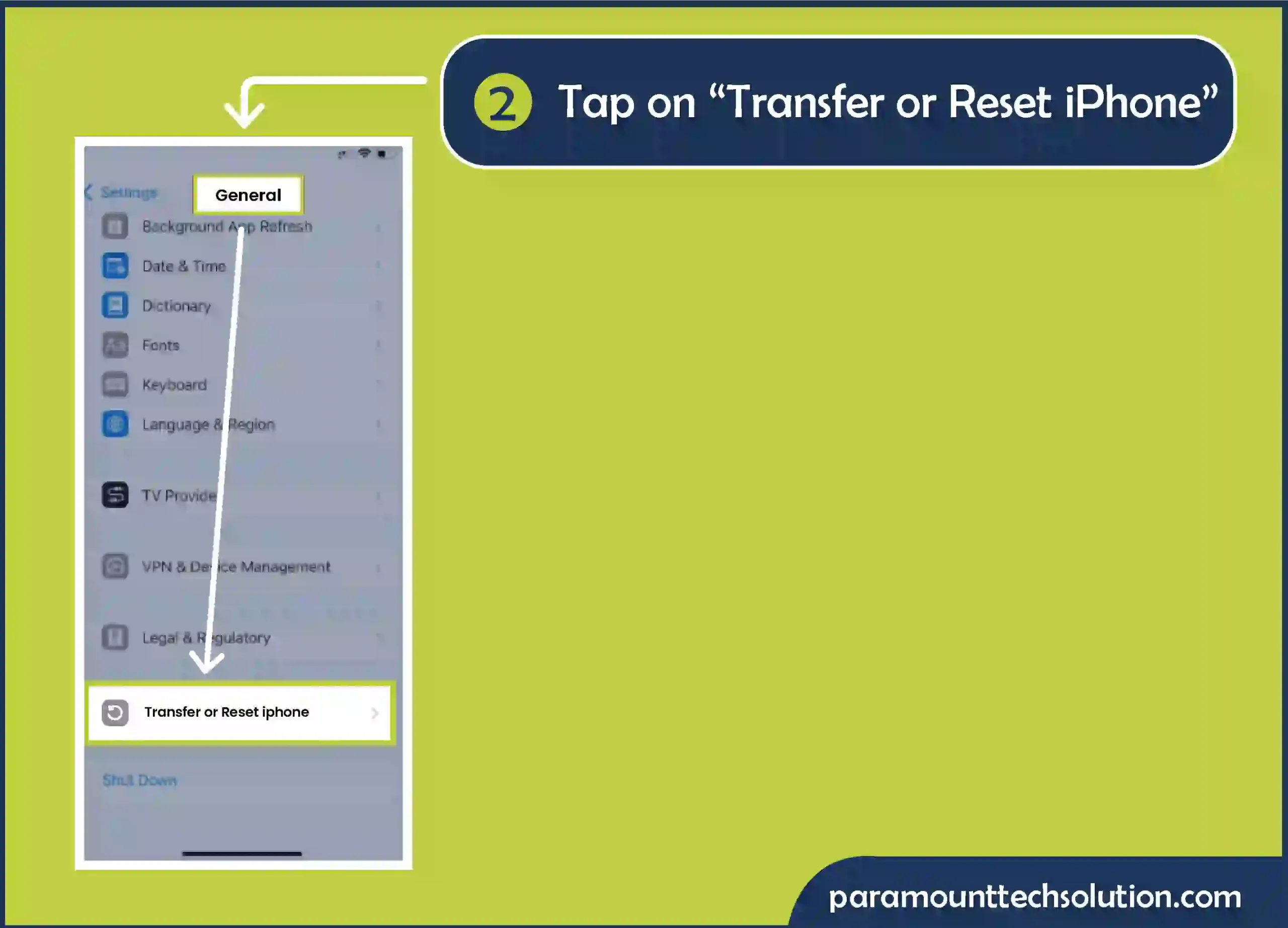 Step 2: Tap on “Transfer or Reset iPhone”