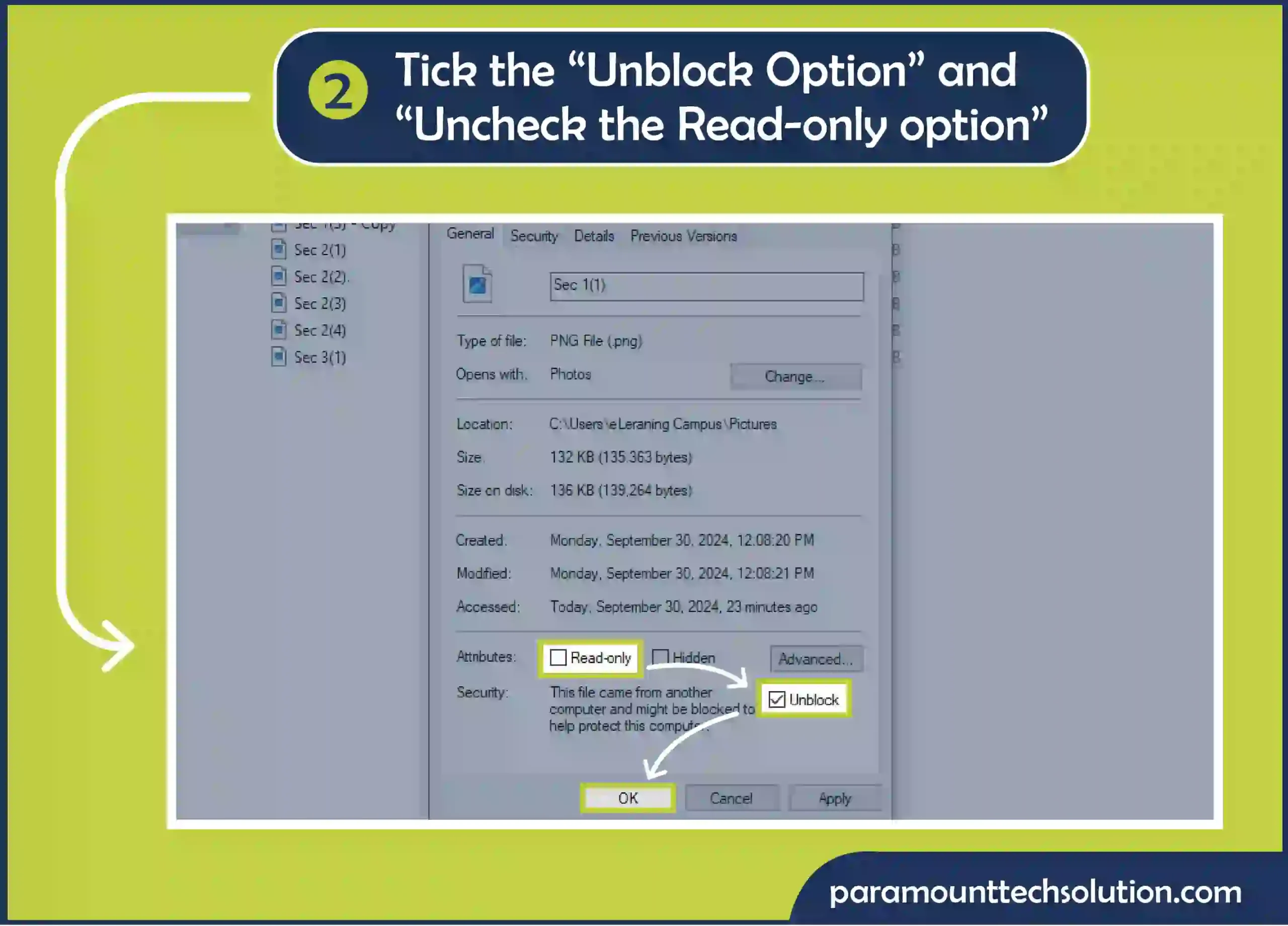 After get a "no permission" message now Step 2: Tick the Unblock option uncheck the Read-only option.