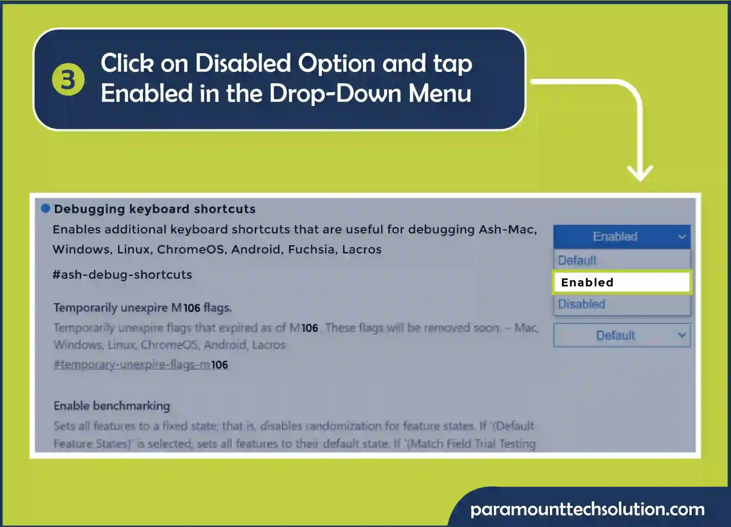 Next to Debugging Keyboard Shortcuts touch screen option, click on the Disabled option and tap Enabled in the drop-down menu.