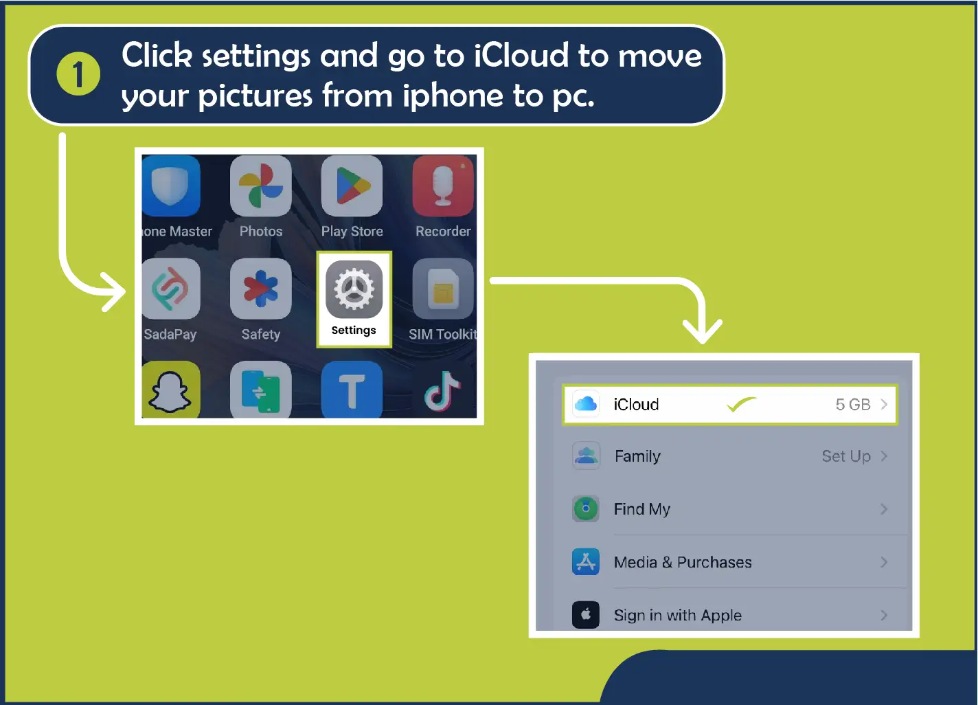 Click setting of iCloud to move your picture from IPhone to pc