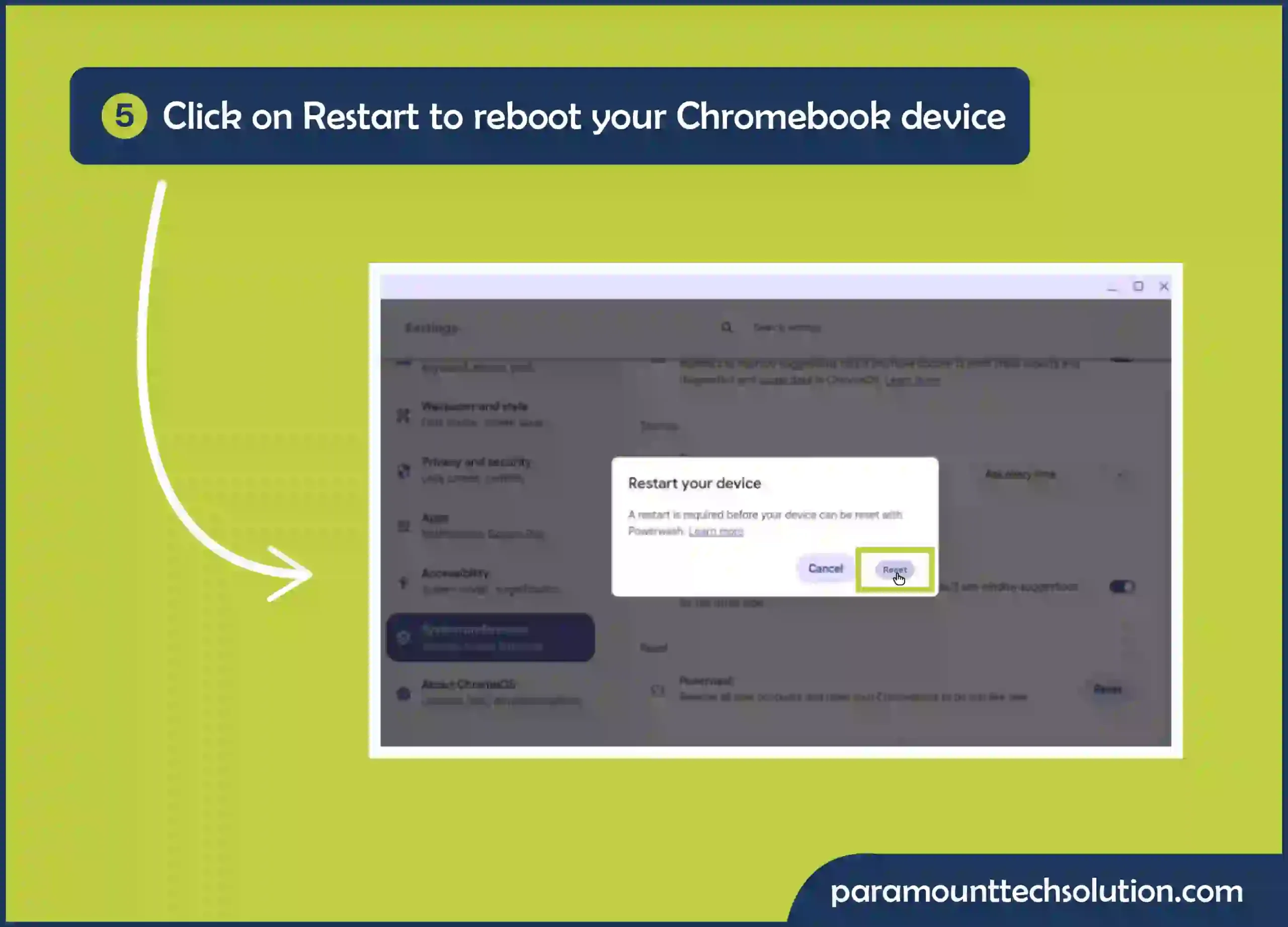 Click on the restart option to reboot your Chromebook device