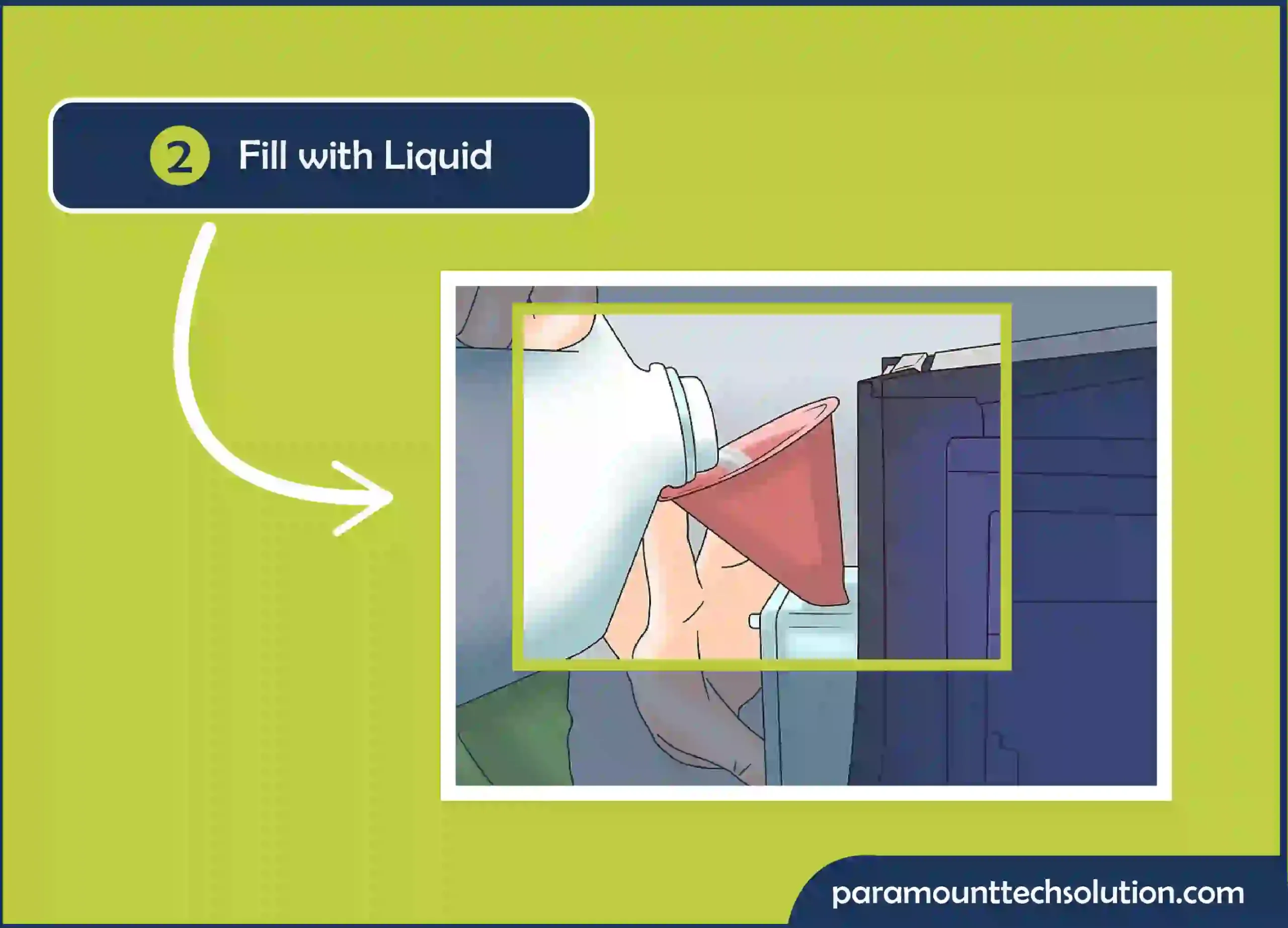 Fill with liquid to reservoir up to about 90% full to avoid any backsplash