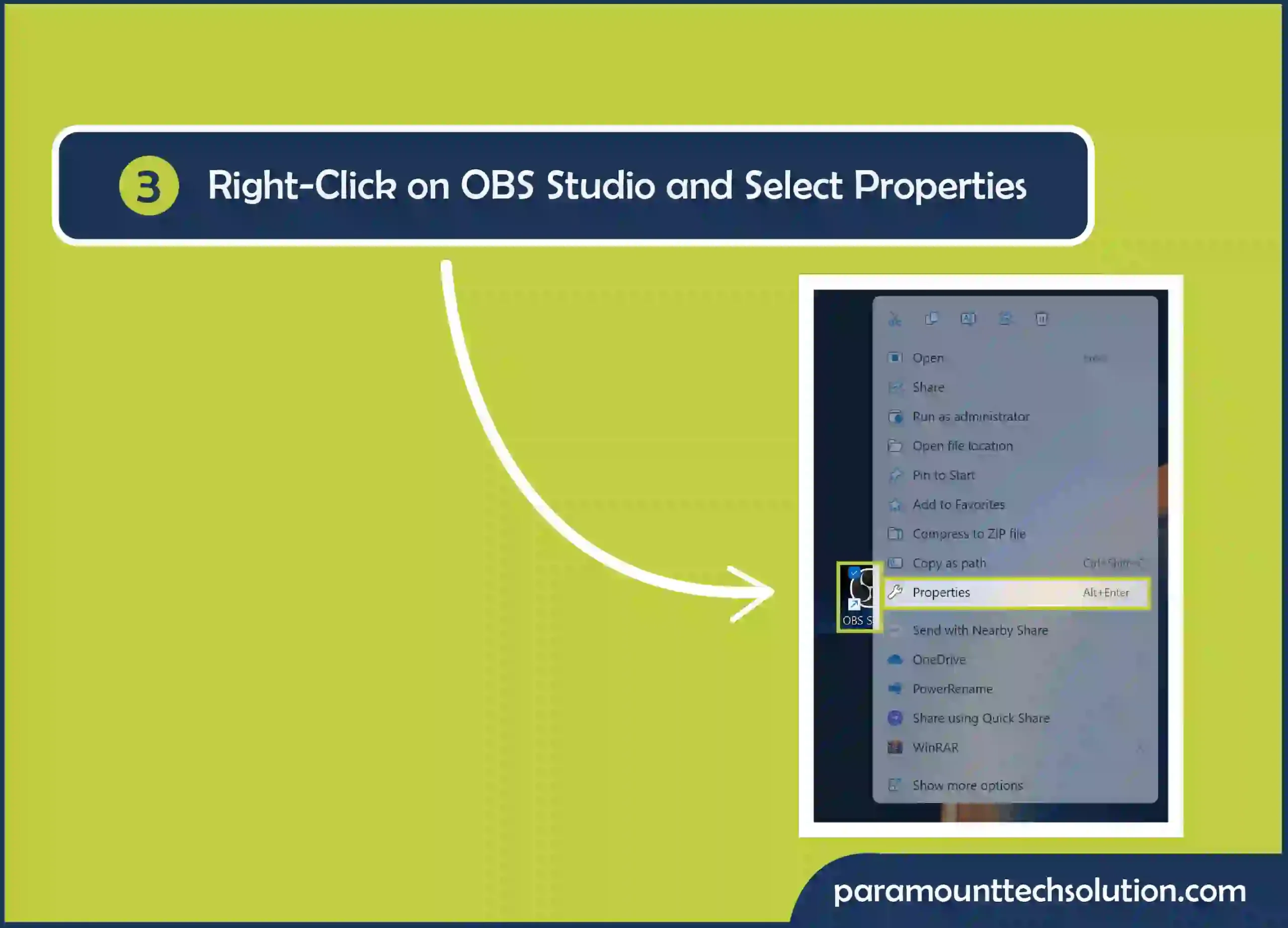 Click on obs studio and open properties