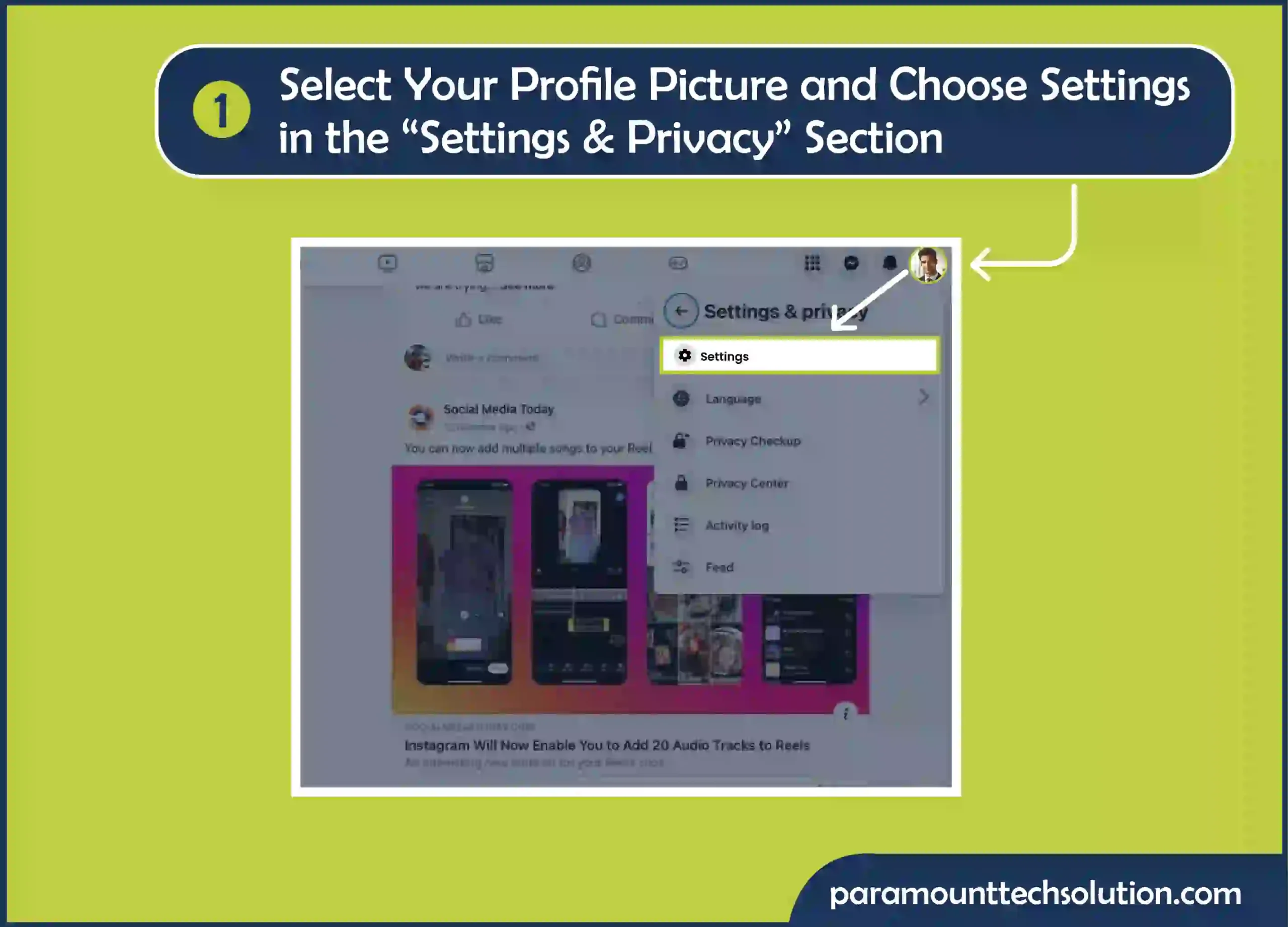 To disable Meta AI on Facebook choose Settings in the “Settings & Privacy” Section.